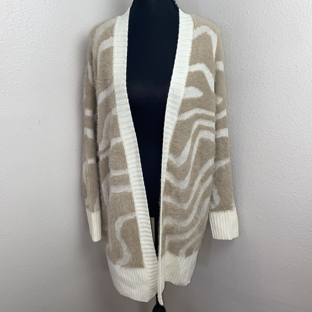 Dreamers by Debut Cardigan Women's Large Tan & Cream Fuzzy Geometric Oversized